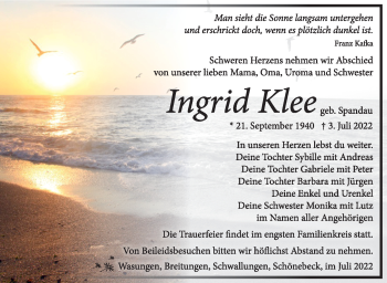 Traueranzeige von Ingrid Klee von Südthüringer Presse