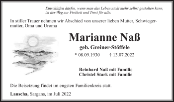 Traueranzeige von Marianne Naß von Südthüringer Presse