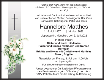 Traueranzeige von Hannelore Matthes von Frankenpost