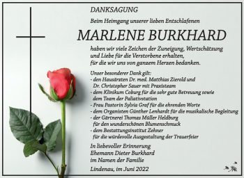 Traueranzeige von Marlene Burkhard von Südthüringer Presse