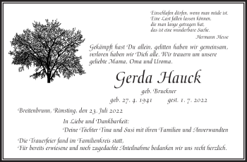 Traueranzeige von Gerda Hauck von Frankenpost
