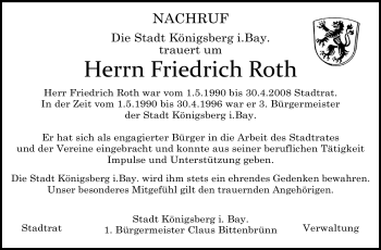Traueranzeige von Friedrich Roth von Neue Presse Coburg