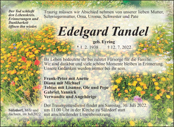 Traueranzeige von Edelgard Tandel von Südthüringer Presse