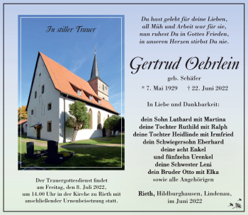 Traueranzeige von Gertrud Oehrlein von Südthüringer Presse