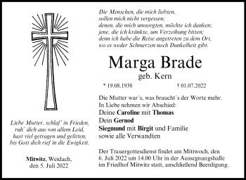 Traueranzeige von Marga Brade von Neue Presse Coburg