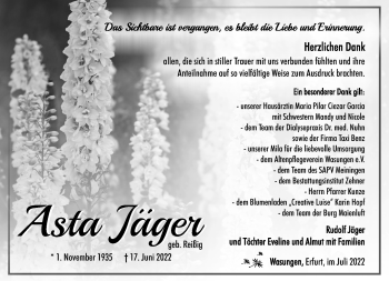 Traueranzeige von Asta Jäger von Südthüringer Presse
