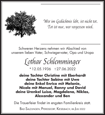 Traueranzeige von Lothar Schlemminger von Südthüringer Presse