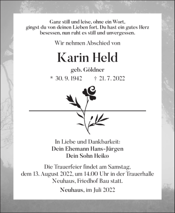 Traueranzeige von Karin Held von Südthüringer Presse