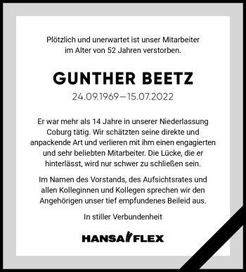 Traueranzeige von Gunther Beetz von Neue Presse Coburg