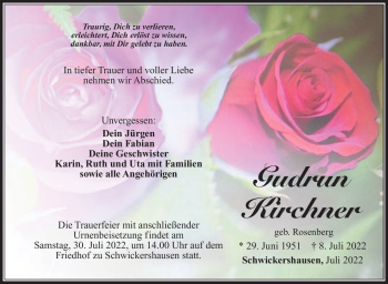 Traueranzeige von Gudrun Kirchner von Südthüringer Presse