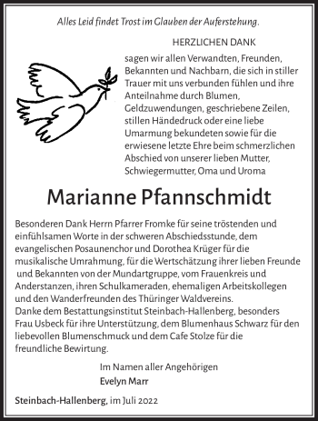 Traueranzeige von Marianne Pfannschmidt von Südthüringer Presse