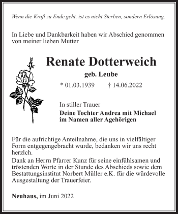 Traueranzeige von Renate Dotterweich von Südthüringer Presse