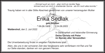 Traueranzeige von Erika Sedlak von Frankenpost