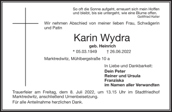 Traueranzeige von Karin Wydra von Frankenpost