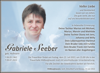 Traueranzeige von Gabriele Seeber von Südthüringer Presse