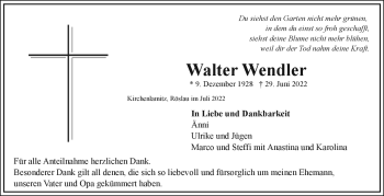Traueranzeige von Walter Wendler von Frankenpost