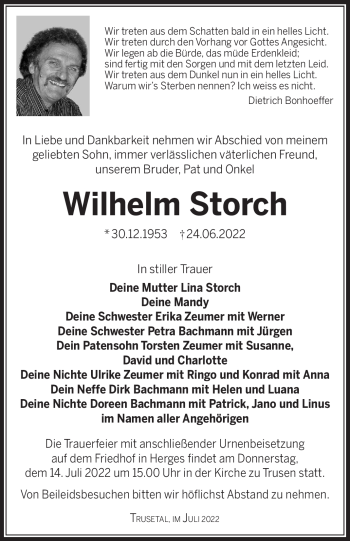 Traueranzeige von Wilhelm Storch von Südthüringer Presse