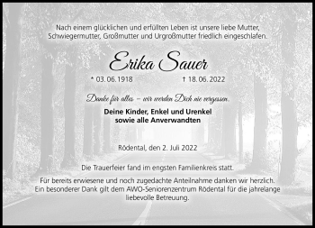 Traueranzeige von Erika Sauer von Neue Presse Coburg