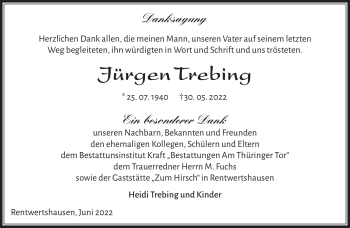 Traueranzeige von Jürgen Trebing von Südthüringer Presse