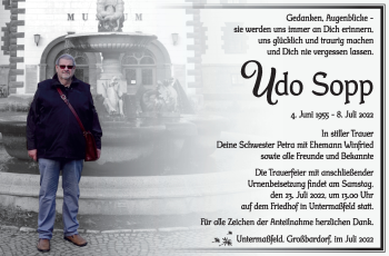 Traueranzeige von Udo Sopp von Südthüringer Presse
