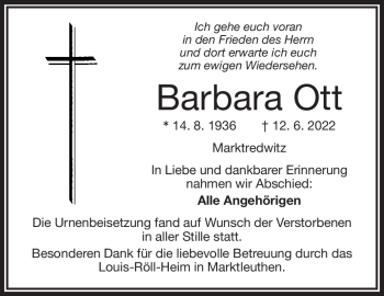 Traueranzeige von Barbara Ott von Frankenpost