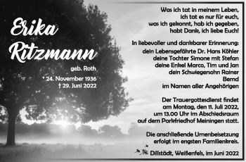 Traueranzeige von Erika Ritzmann von Südthüringer Presse