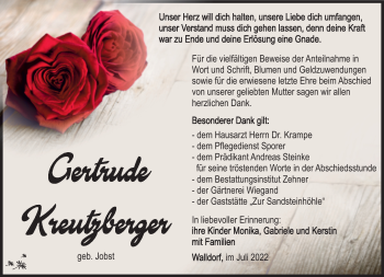 Traueranzeige von Gertrude Kreutzberger von Südthüringer Presse