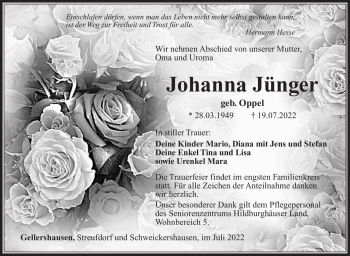 Traueranzeige von Johanna Jünger von Südthüringer Presse