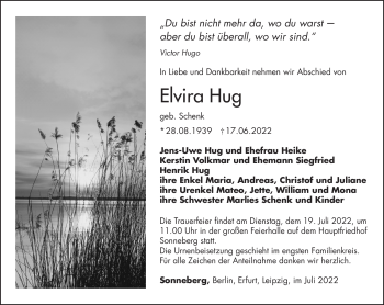 Traueranzeige von Elvira Hug von Südthüringer Presse