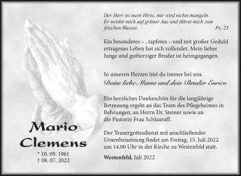 Traueranzeige von Mario Clemens von Südthüringer Presse