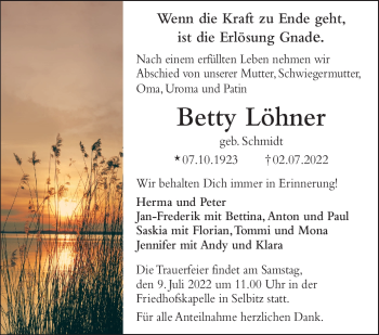 Traueranzeige von Betty Löhner von Frankenpost