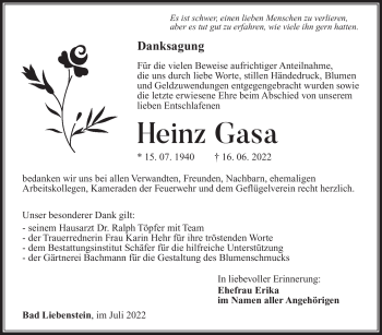 Traueranzeige von Heinz Gasa von Südthüringer Presse