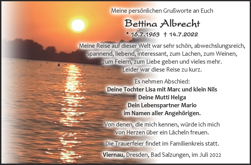  Traueranzeige für Bettina Albrecht vom 23.07.2022 aus Südthüringer Presse