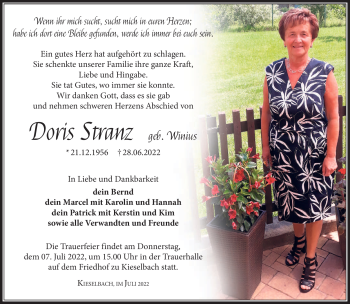 Traueranzeige von Doris Stranz von Südthüringer Presse