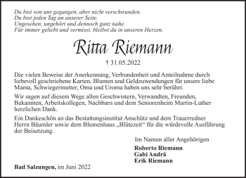 Traueranzeige von Ritta Riemann von Südthüringer Presse