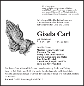 Traueranzeige von Gisela Carl von Südthüringer Presse
