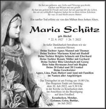 Traueranzeige von Maria Schütz von Südthüringer Presse