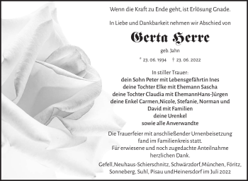 Traueranzeige von Gerta Herre von Südthüringer Presse