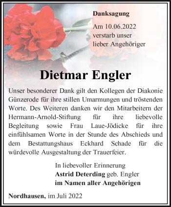 Traueranzeige von Dietmar Engler von Südthüringer Presse