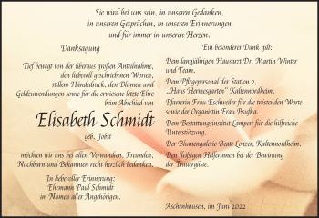 Traueranzeige von Elisabeth Schmidt von Südthüringer Presse