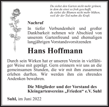 Traueranzeige von Hans Hoffmann von Südthüringer Presse