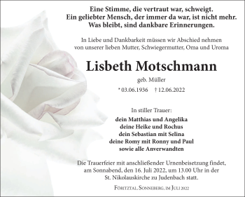 Traueranzeige von Lisbeth Motschmann von Südthüringer Presse