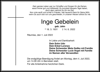 Traueranzeige von Inge Gebelein von Frankenpost