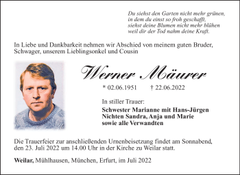 Traueranzeige von Werner Mäurer von Südthüringer Presse