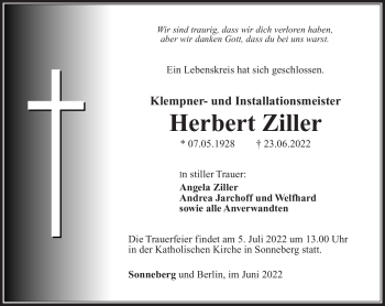 Traueranzeige von Herbert Ziller von Südthüringer Presse