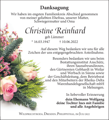 Traueranzeige von Christine Reinhard von Südthüringer Presse