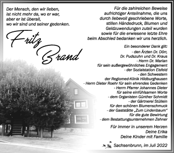 Traueranzeige von Fritz Brand von Südthüringer Presse