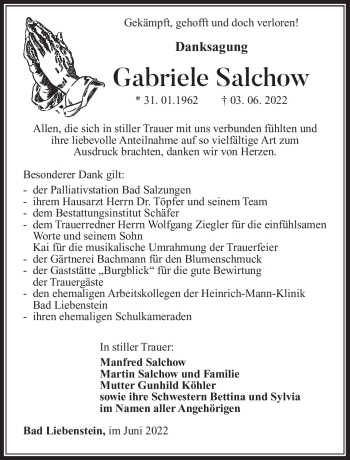 Traueranzeige von Gabriele Salchow von Südthüringer Presse
