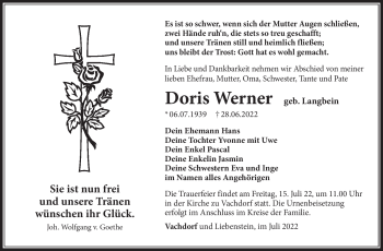 Traueranzeige von Doris Werner von Südthüringer Presse