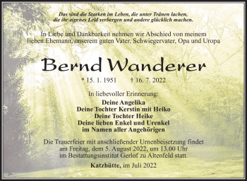 Traueranzeige von Bernd Wanderer von Südthüringer Presse
